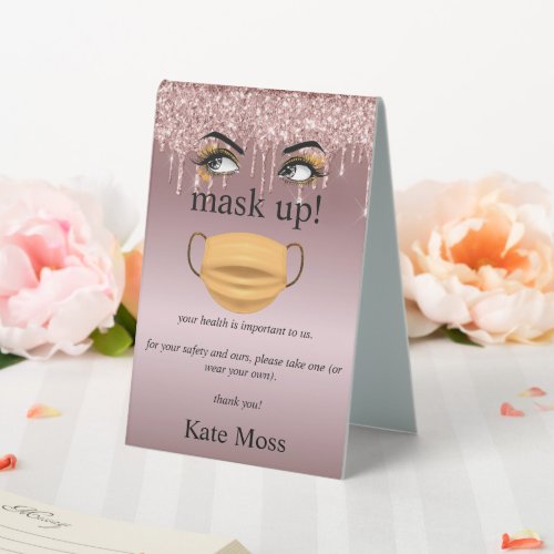 Metallic Rose Gold Glitter with Eyes covid safety  Table Tent Sign