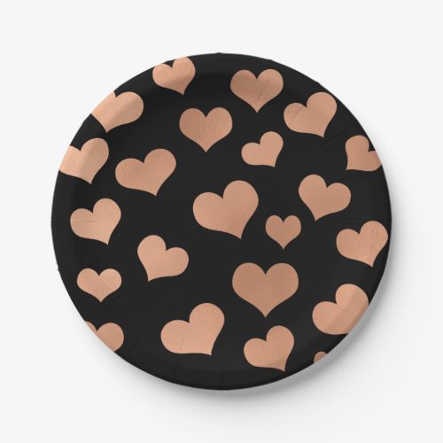 Metallic Rose Gold Hearts Confetti Black Copper Paper Plates