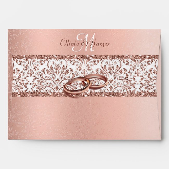 Metallic Rose Gold Monogram Damask Wedding Envelope