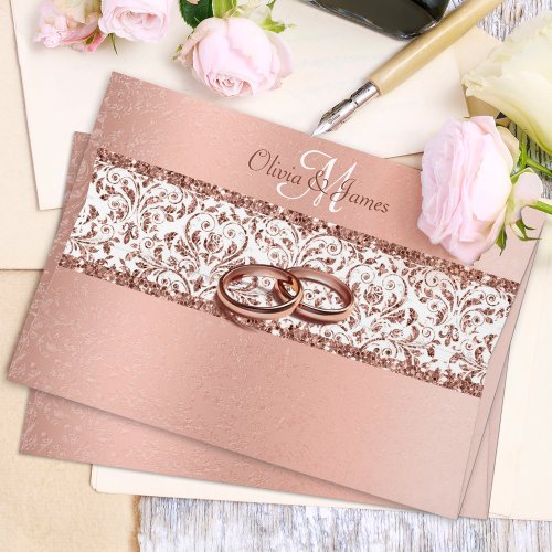 Metallic Rose Gold Monogram Damask Wedding Envelope