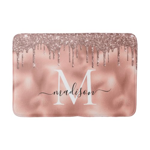 Metallic Rose Gold Monogram Pink Glitter Drips Bath Mat