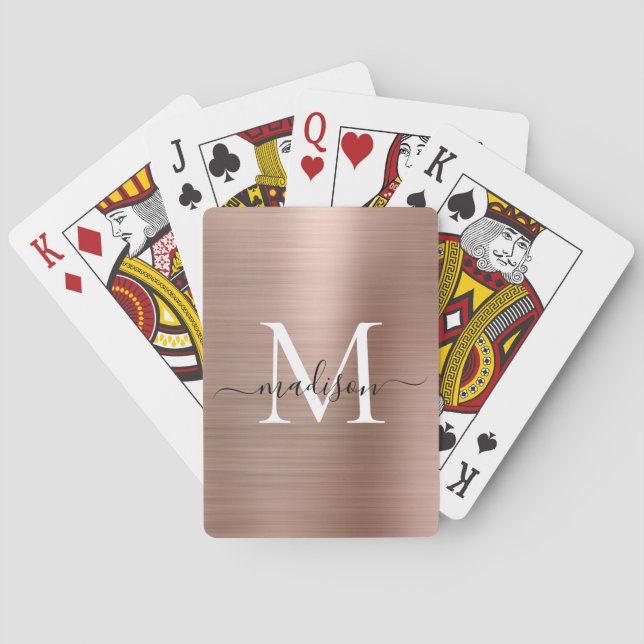 Metallic Rose Gold Monogram Stylish Script Name Poker Cards (Back)