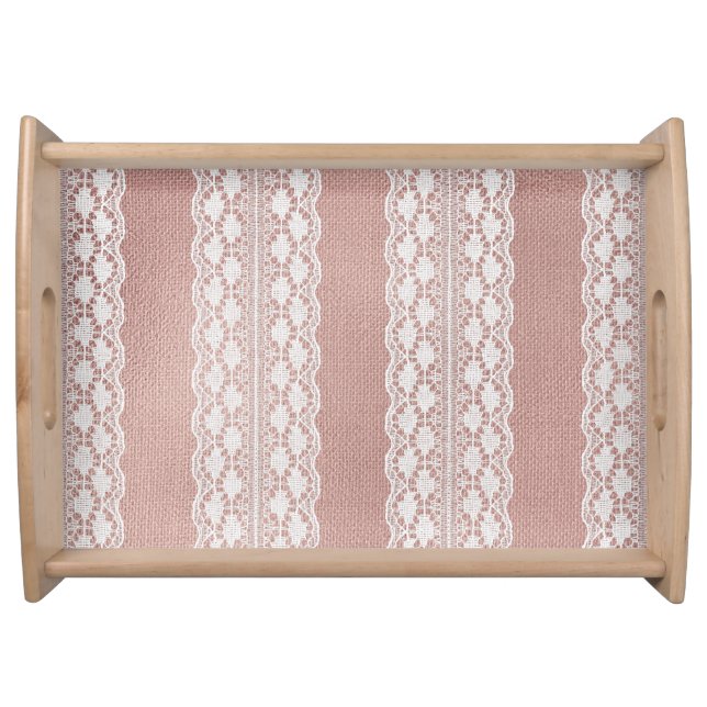 Metallic rose gold, off-white lace texture. serving tray (Front)