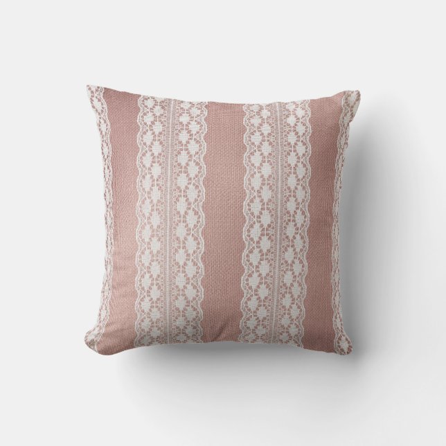 Metallic rose gold, off-white lace texture. throw pillow (Front)