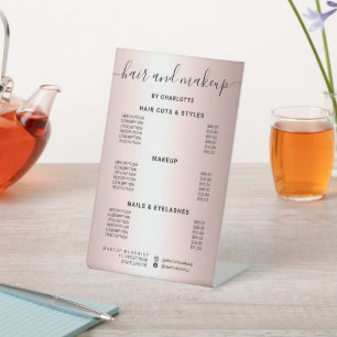 Metallic rose gold ombre hair makeup salon price pedestal sign