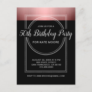 Metallic Rose Gold On Black 50th Birthday Invitation Postcard