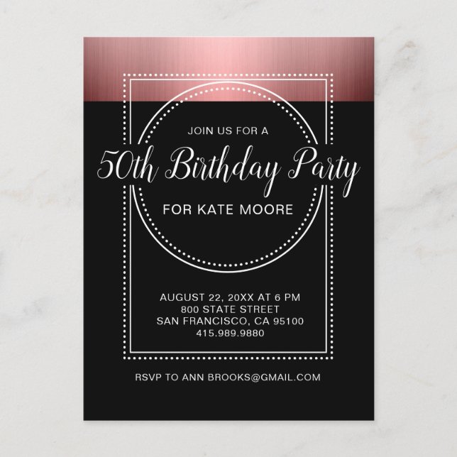 Metallic Rose Gold On Black 50th Birthday Invitation Postcard (Front)