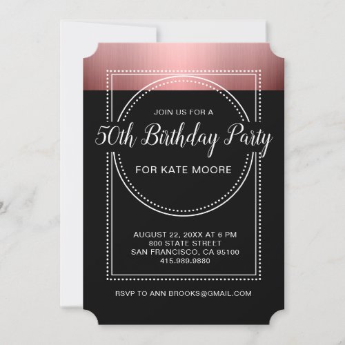 Metallic Rose Gold On Black 50th Birthday Party Invitation