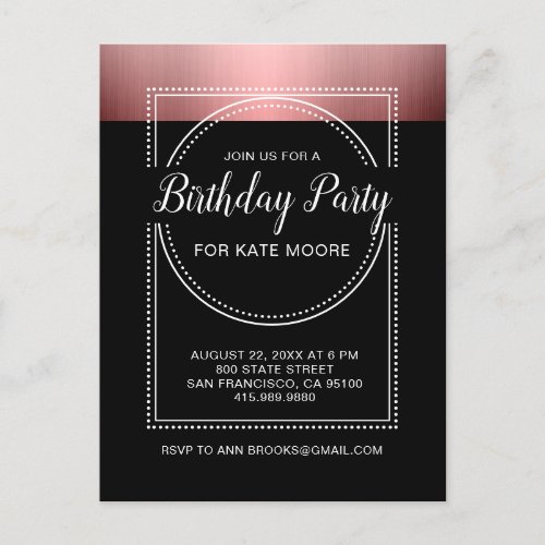 Metallic Rose Gold  On Black Birthday Invitation Postcard