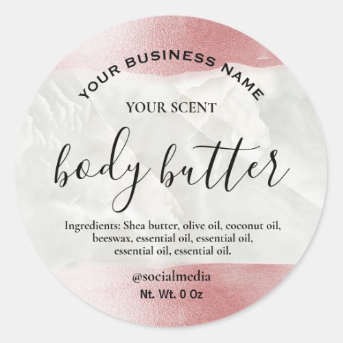 Metallic Rose Gold Pink Marble Body Butter Labels