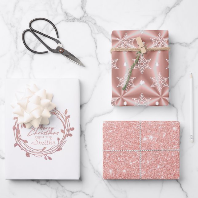 Metallic Rose Gold Platinum Silver Christmas Wrapping Paper Sheets (Front)