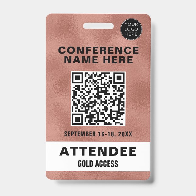 Metallic Rose Gold QR Code Conference Event Badge (Front)