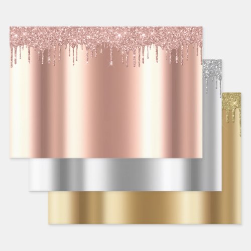 Metallic Rose Gold Silver Yellow Gold Glitter Drip Wrapping Paper Sheets