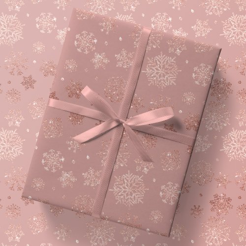 Metallic Rose Gold Snowflakes on Mauve Xmas Gift Wrapping Paper