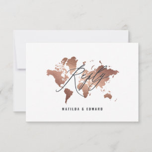 Metallic rose gold world map wedding R.S.V.P RSVP Card