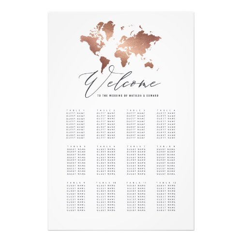 Metallic rose gold world map wedding seating plan photo print