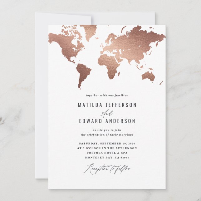 Metallic rose gold world map wedding travel (Front)