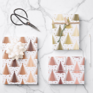 Metallic Rose Yellow Gold Christmas Trees Pattern Wrapping Paper Sheets
