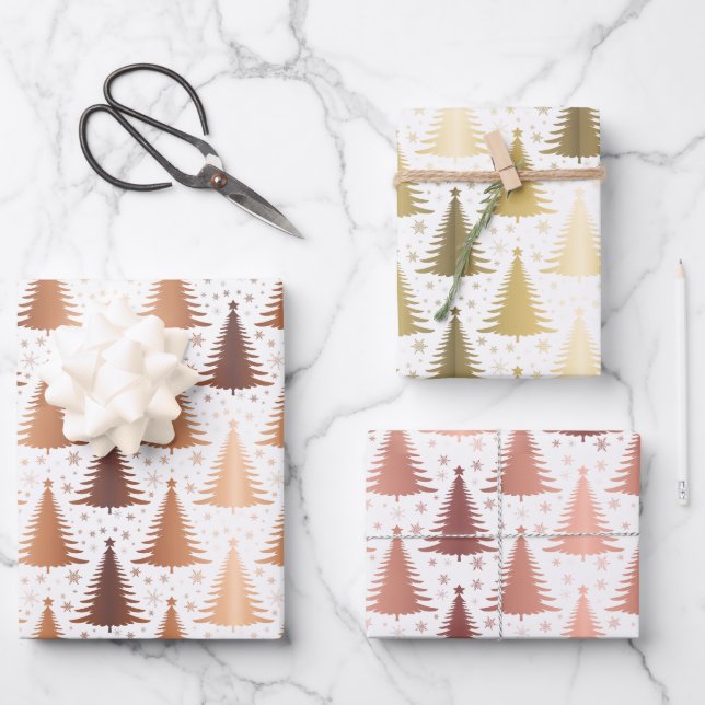 Metallic Rose Yellow Gold Christmas Trees Pattern Wrapping Paper Sheets (Front)