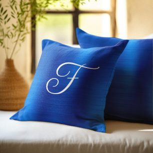 Metallic Royal Blue Curly Monogram Throw Pillow