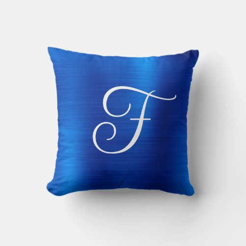 Metallic Royal Blue Curly Monogram Throw Pillow