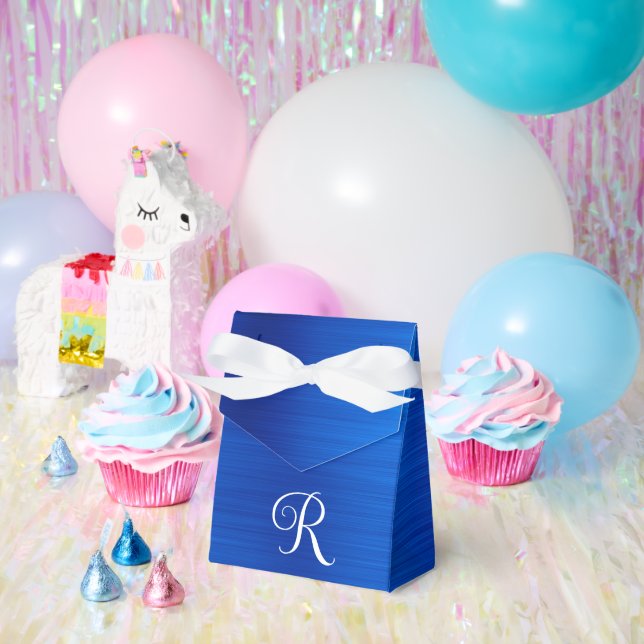 Metallic Royal Blue Curly White Monogram Favor Boxes (Party)