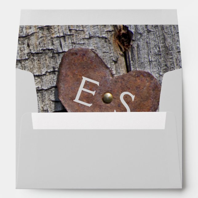 Metallic rusted heart, monogram on wood wedding envelope (Back (Bottom))