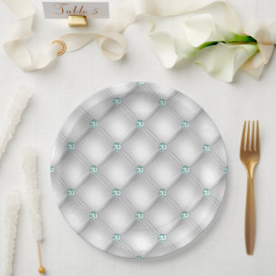 Metallic Satin White Mint Green Bling Glam Paper Plates