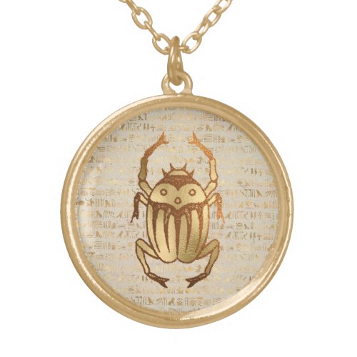 Metallic Scarab Beetle and Egyptian Hieroglyphs Gold Plated Necklace
