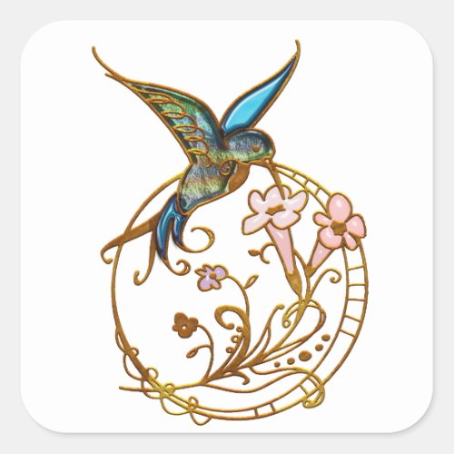 Metallic Scrollwork with Hummingbird  Flowers Square Sticker