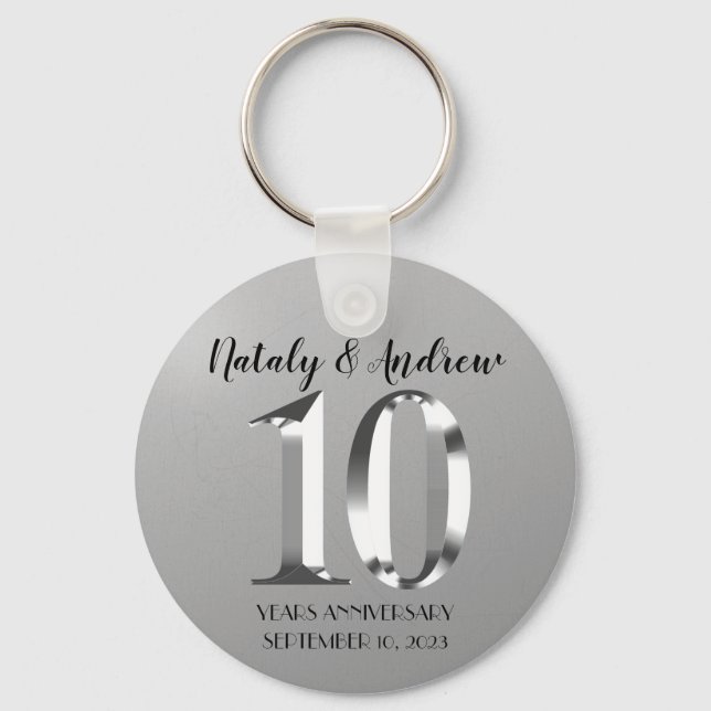 Metallic Silver 10th Wedding Anniversary Keychain (Front)
