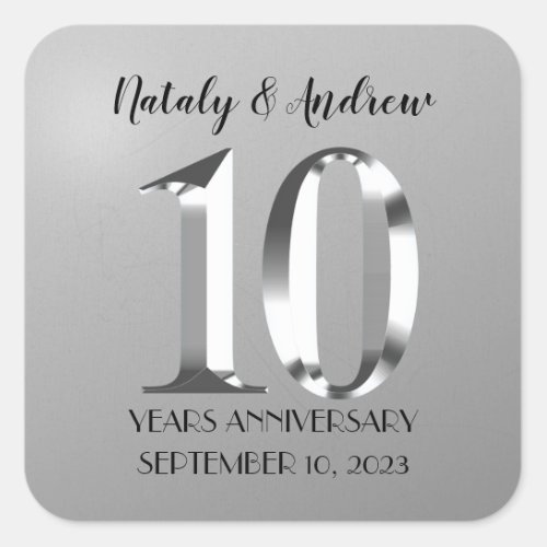Metallic Silver 10th Wedding Anniversary Square Sticker