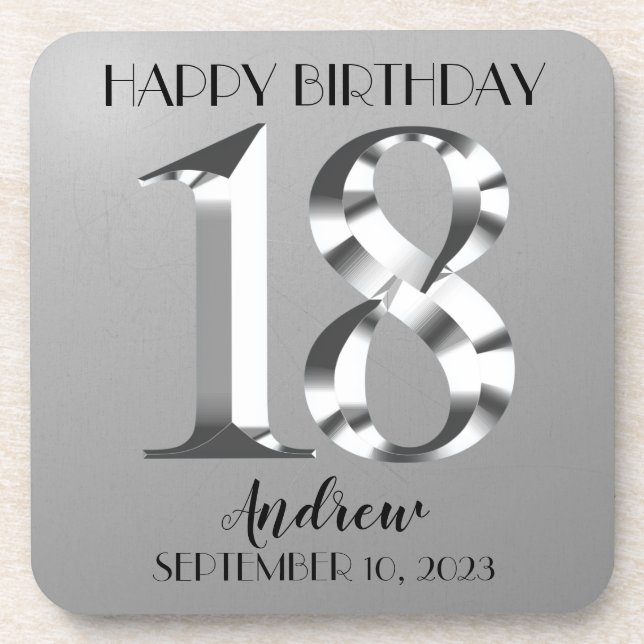 Metallic Silver 18th birthday Beverage Coaster (Front)