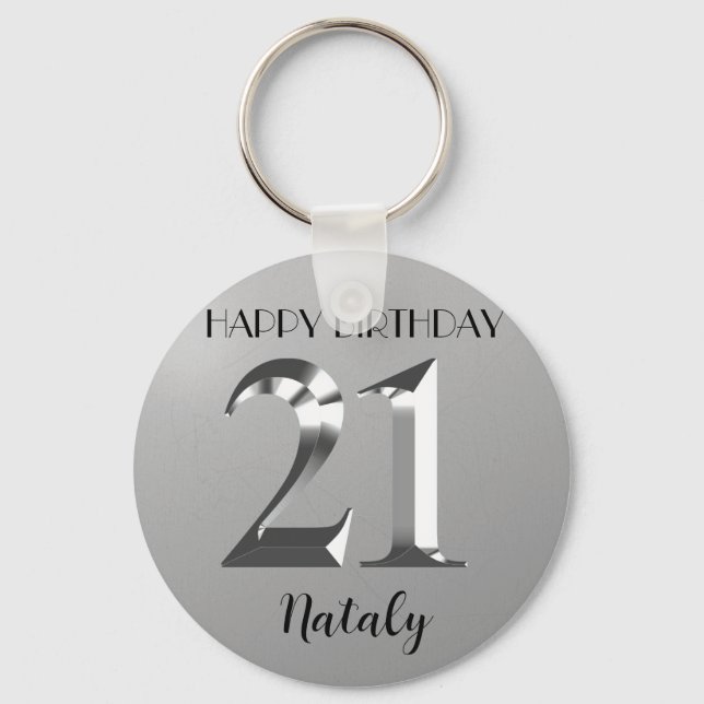Metallic silver 21st birthday keychain (Front)