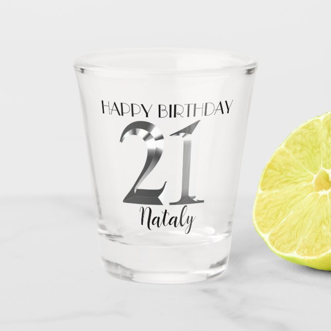 Metallic silver 21st birthday shot glass (Front)