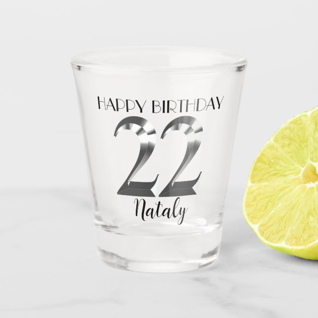 Metallic silver 22nd birthday shot glass (Front)
