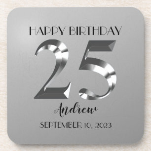 Metallic Silver 25th birthday Beverage Coaster