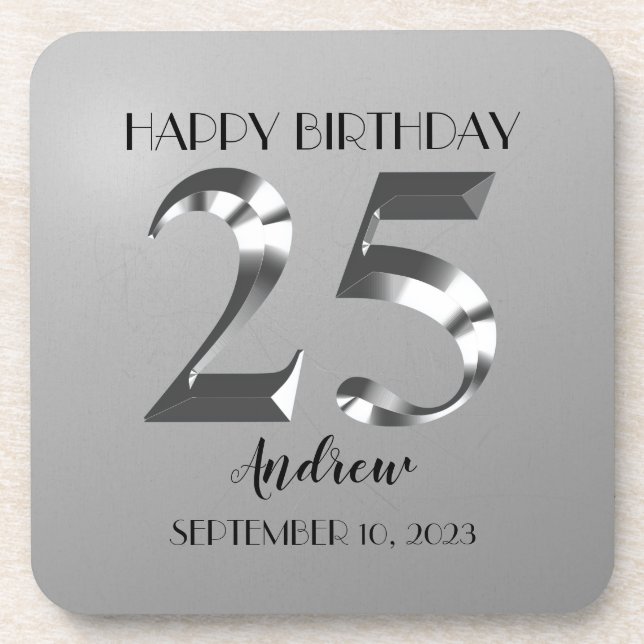 Metallic Silver 25th birthday Beverage Coaster (Front)