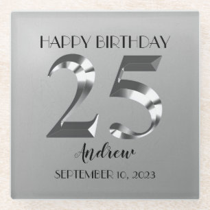 Metallic Silver 25th birthday Glass Coaster