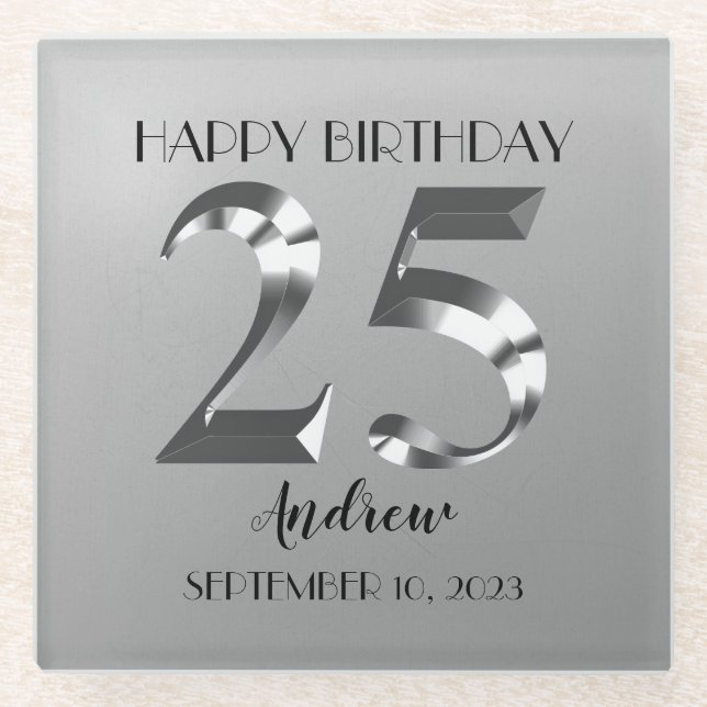 Metallic Silver 25th birthday Glass Coaster (Front)