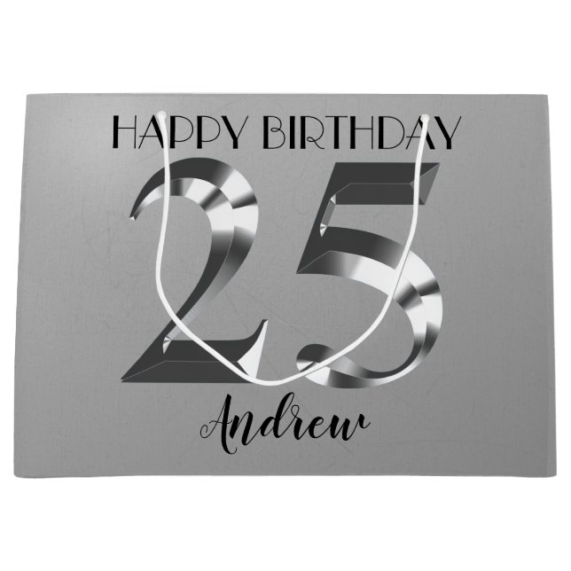 Metallic Silver 25th birthday Large Gift Bag (Front)