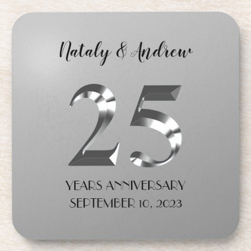 Metallic Silver 25th Wedding Anniversary Beverage Coaster