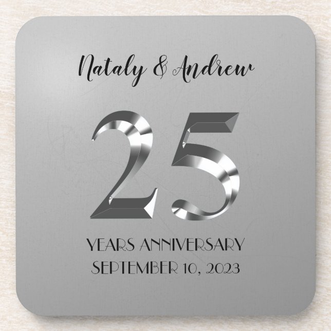 Metallic Silver 25th Wedding Anniversary Beverage Coaster (Front)