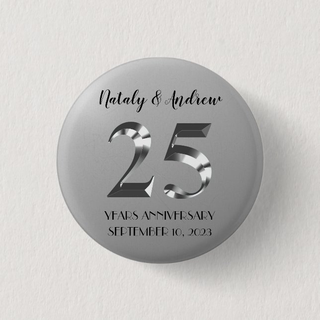 Metallic Silver 25th Wedding Anniversary Button (Front)