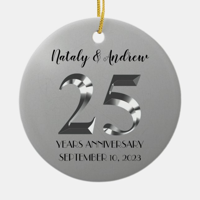 Metallic Silver 25th Wedding Anniversary Ceramic Ornament (Front)
