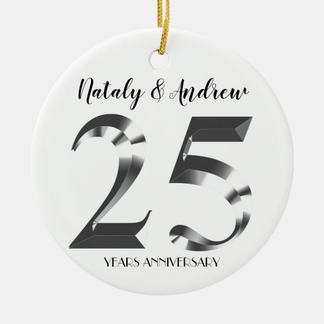Metallic Silver 25th Wedding Anniversary Ceramic Ornament (Front)