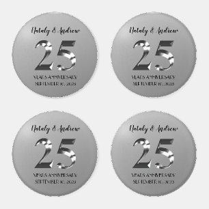 Metallic Silver 25th Wedding Anniversary Coaster Set