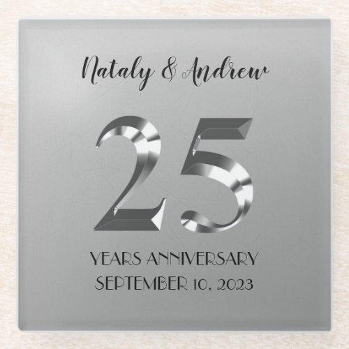 Metallic Silver 25th Wedding Anniversary Glass Coaster