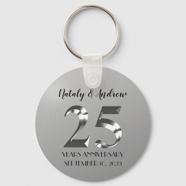 Metallic Silver 25th Wedding Anniversary Keychain (Front)
