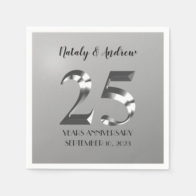 Metallic Silver 25th Wedding Anniversary Napkins (Front)